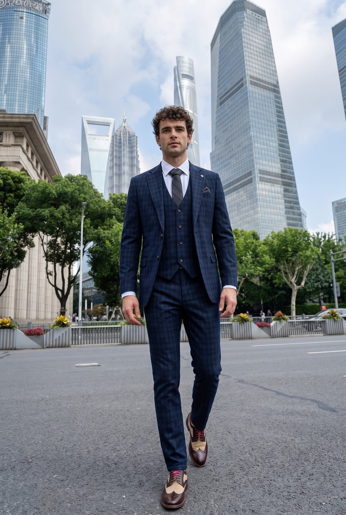 Look #570 styled with Marcos - Muško tamnoplavo karirano odijelo slim kroja, 3 dijela