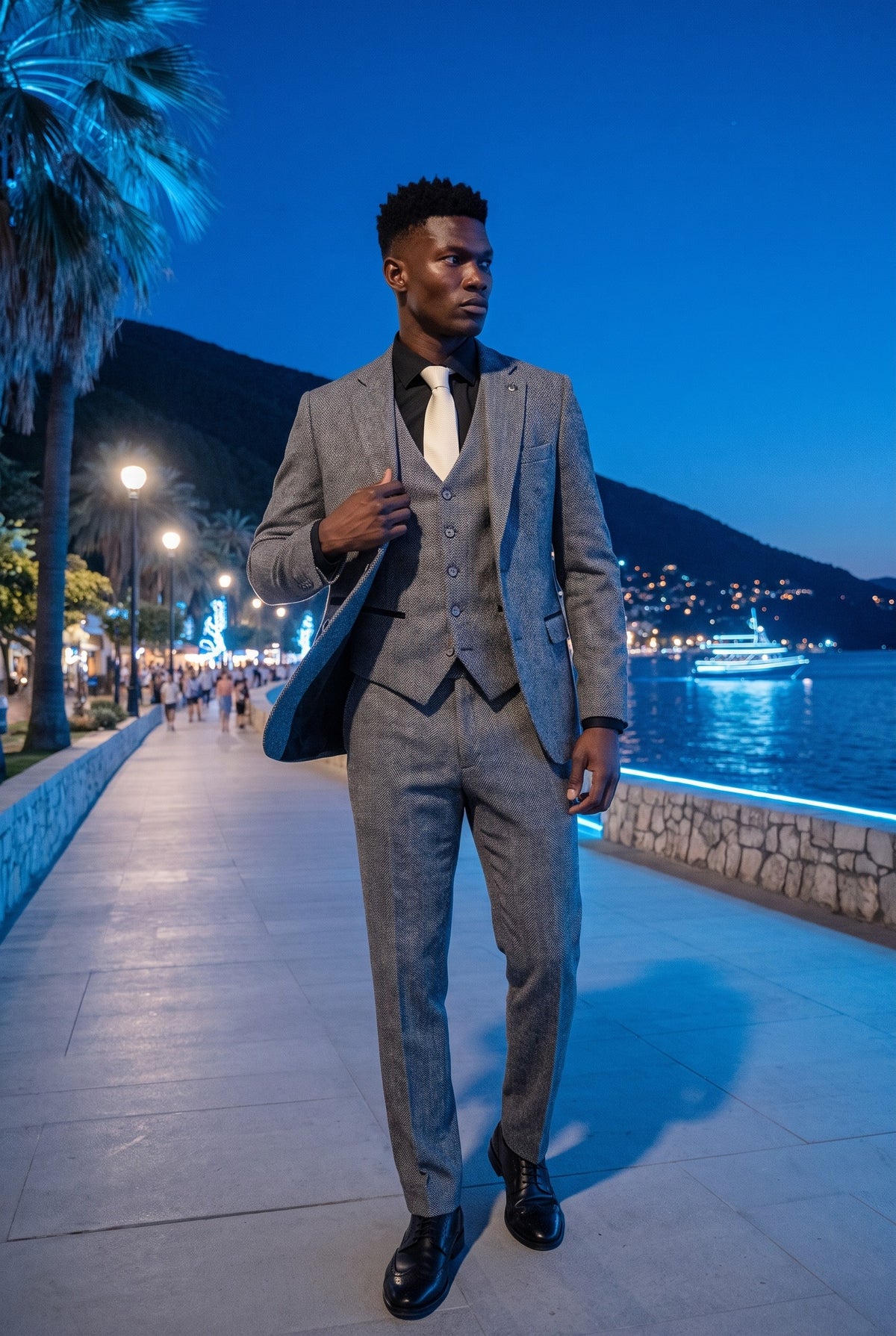 Look #975 styled with IM41 - Sivo odijelo od tvida s uzorkom riblje kosti od 3 dijela za muškarce