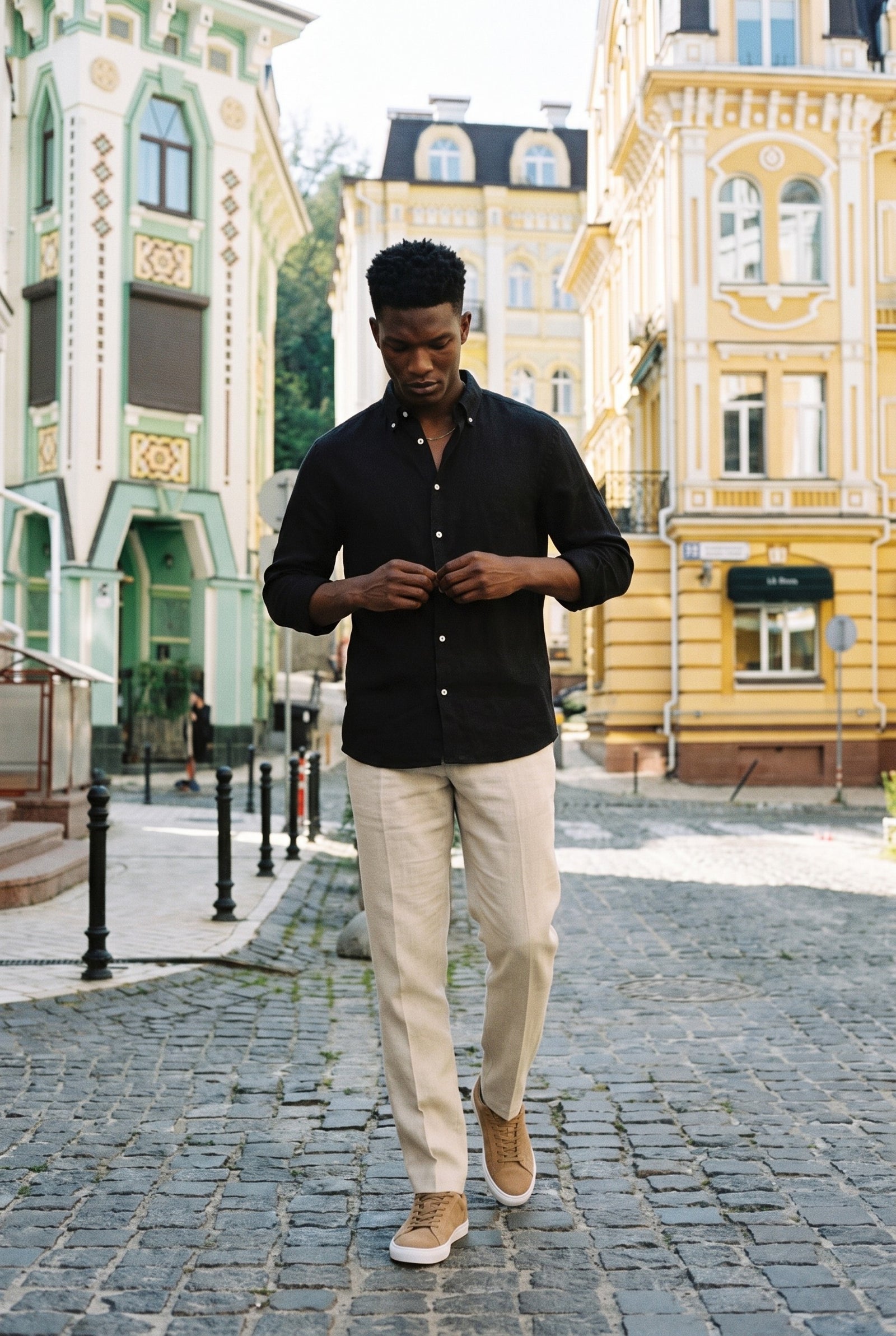 Look #1015 styled with Muške bež hlače s plisiranim vezicama, opuštenog ravnog kroja, od 100% lana