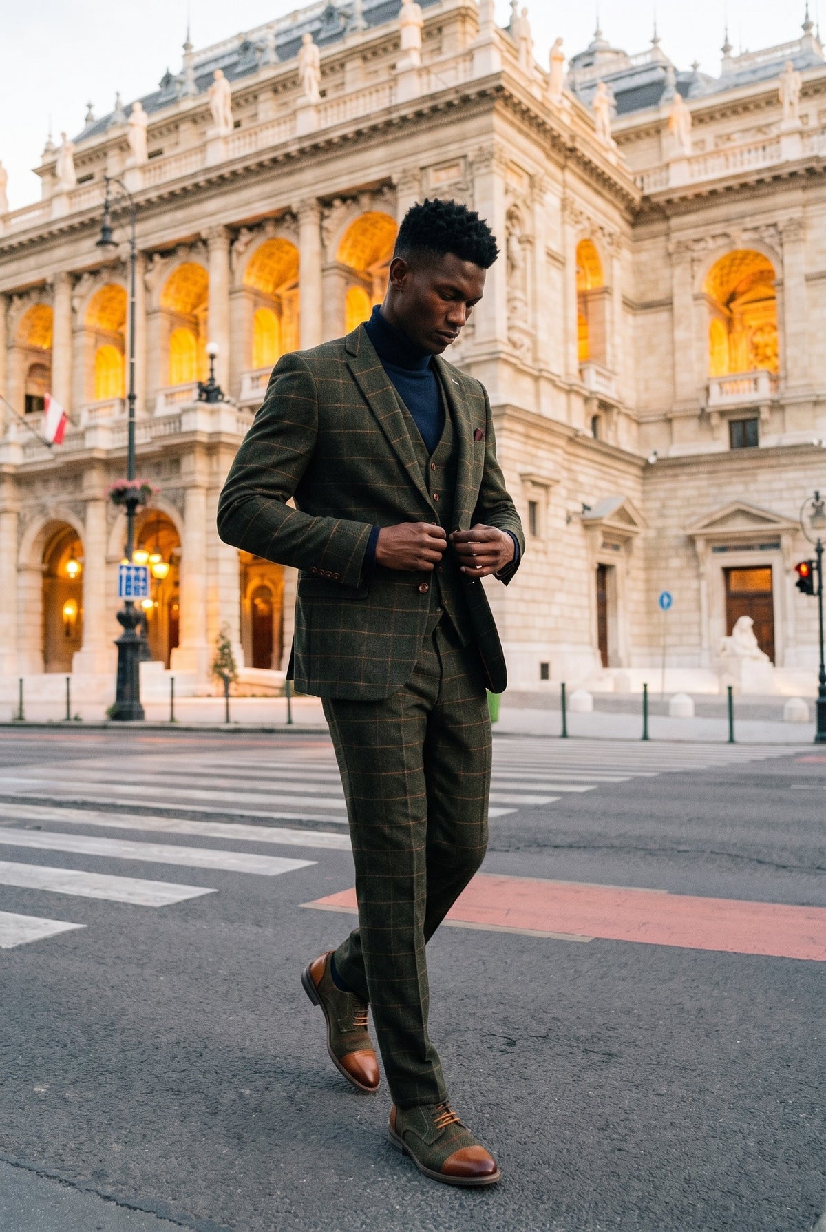 Look #497 styled with Muški tamnoplavi dolčevit pulover s dugim rukavima, pleteni od mekane viskoze