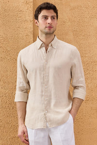 Muška bež košulja dugih rukava od čistog lana s kopčanjem, ljetna košulja