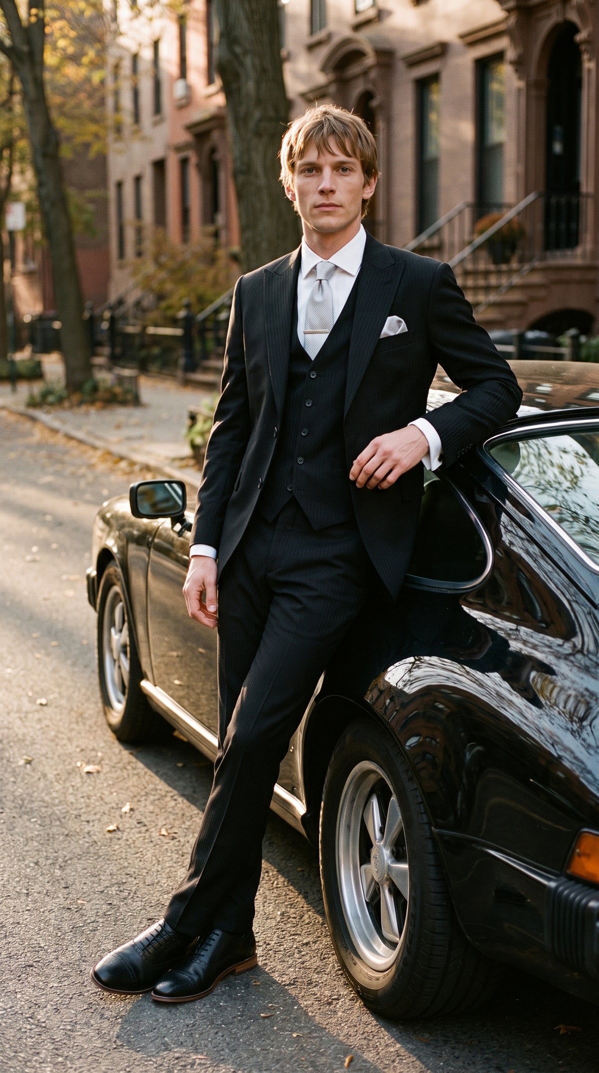 Look #819 styled with Roberto - Muško crno trodijelno odijelo s prugama i mješavinom vune