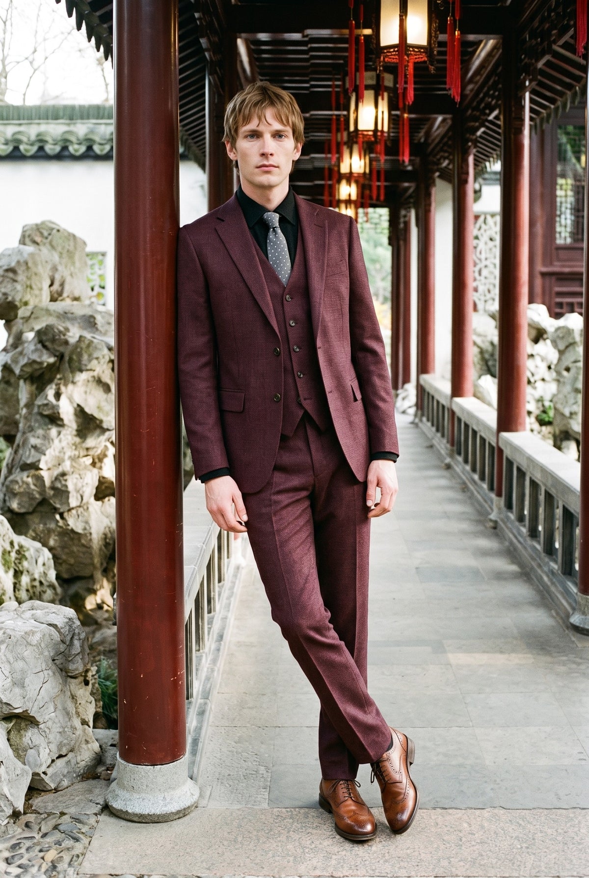 Look #237 styled with Caridi - Muško bordo odijelo od 3 dijela s kariranim uzorkom