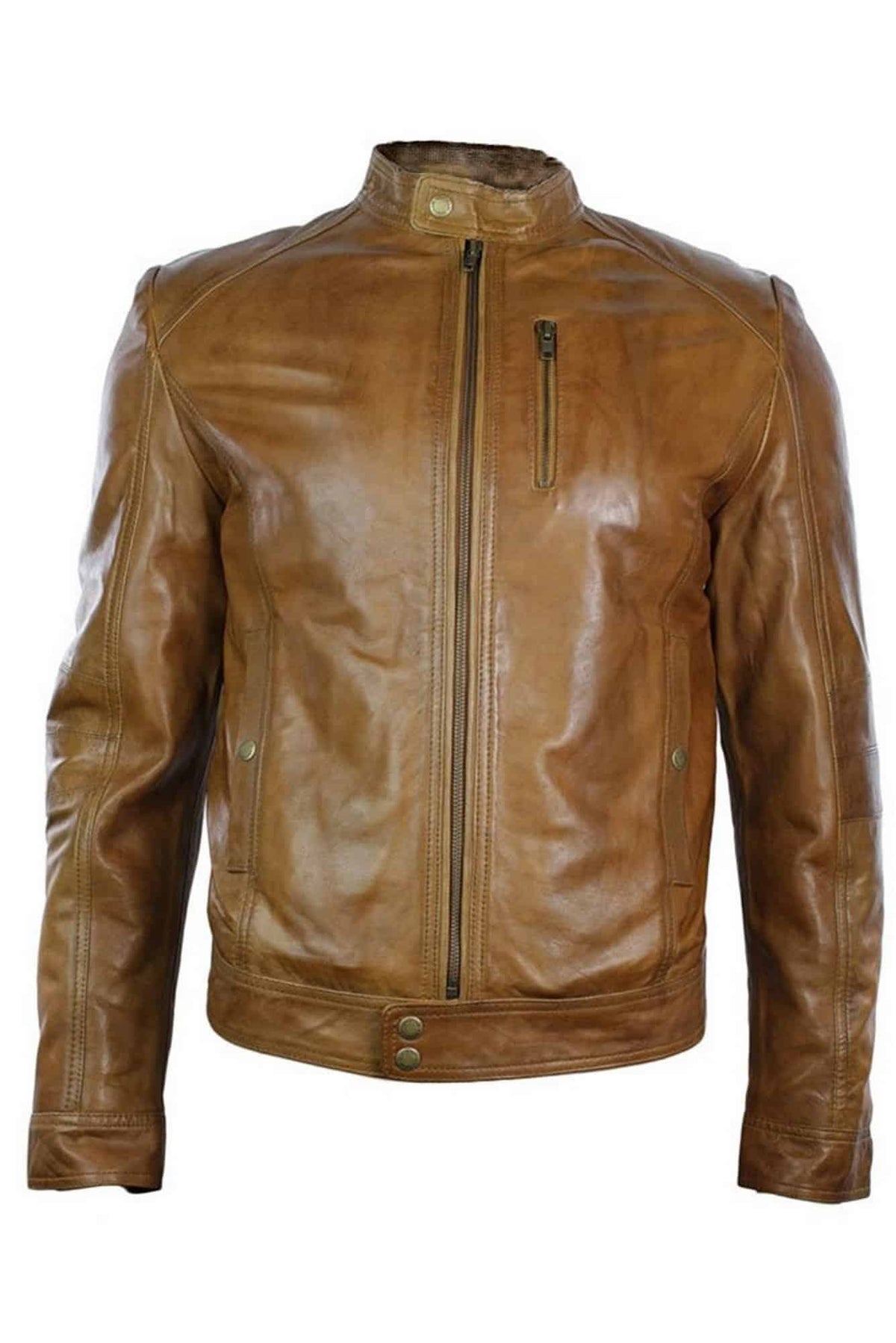 Muška bajkerska jakna od prave kože, crna, slim fit, s patentnim zatvaračem, retro vintage, elegantno-ležerna, smeđa