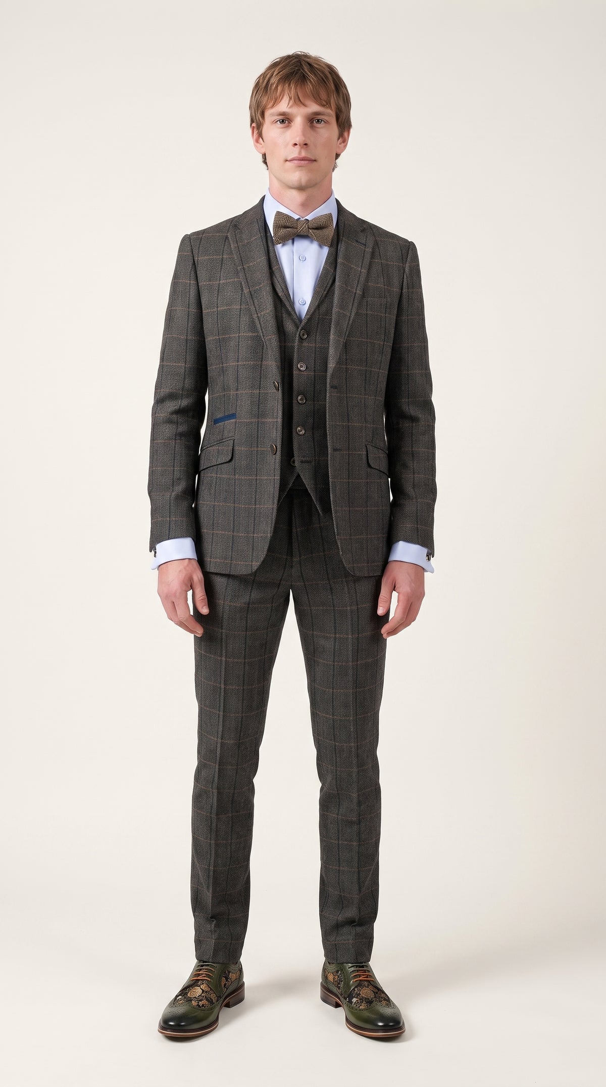 Look #330 styled with Cavani Albert - Muško odijelo od 3 dijela s tvidom i uzorkom riblje kosti - Tamnoplavo