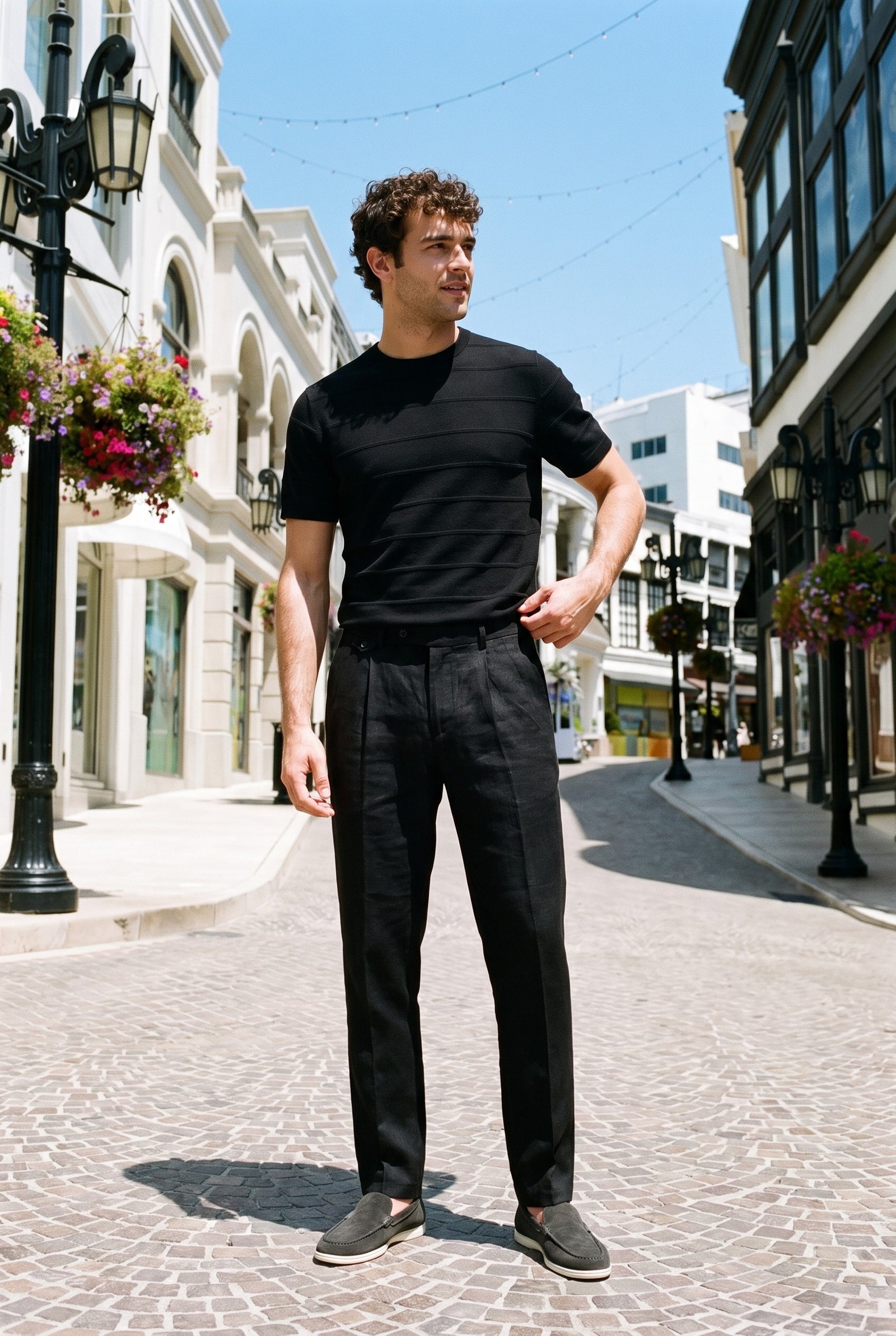 Look #876 styled with Muške crne hlače s plisiranim vezicama od 100% lana, opuštenog ravnog kroja