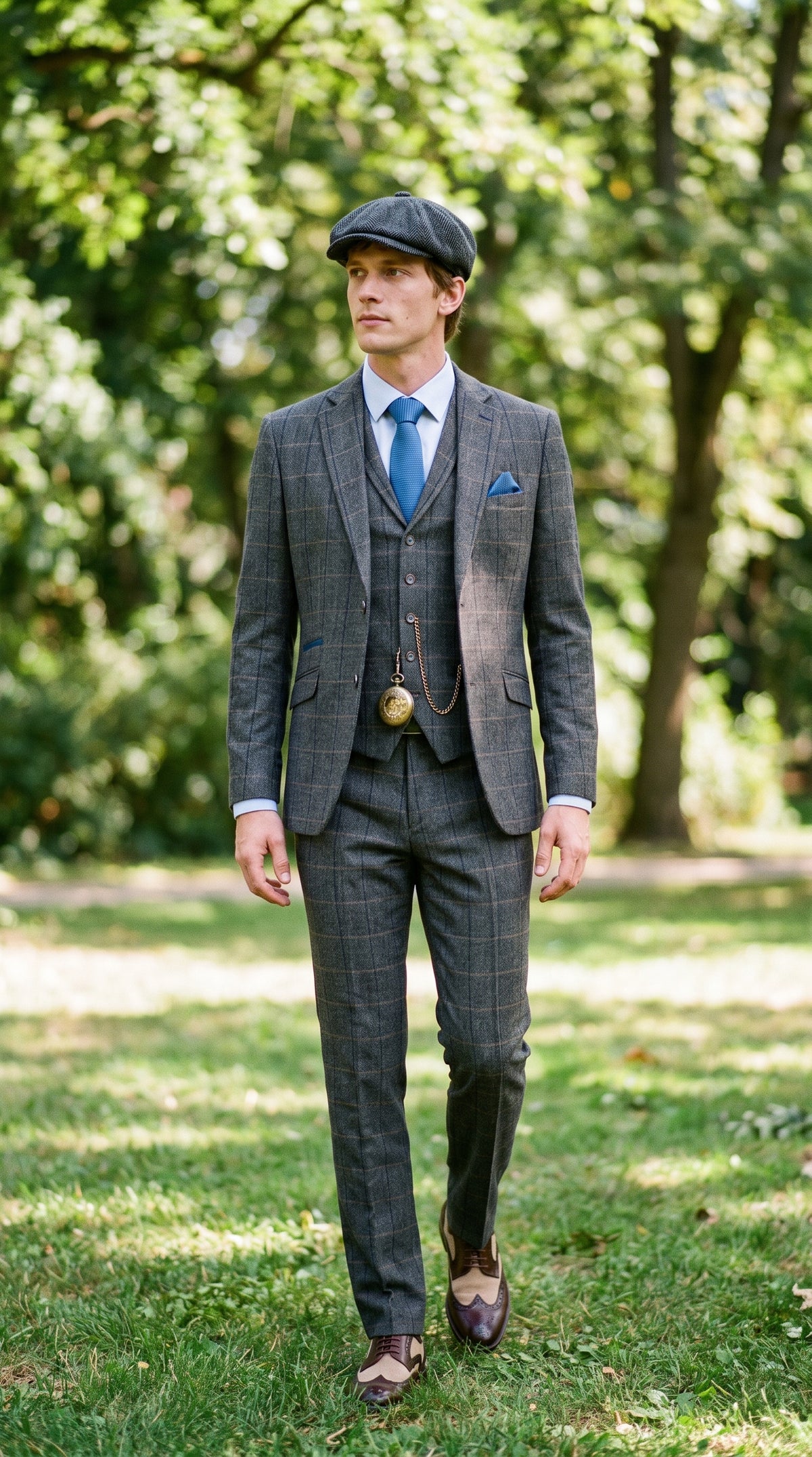 Look #132 styled with Cavani Albert - Muško odijelo od 3 dijela s tvidom i uzorkom riblje kosti - Tamnoplavo