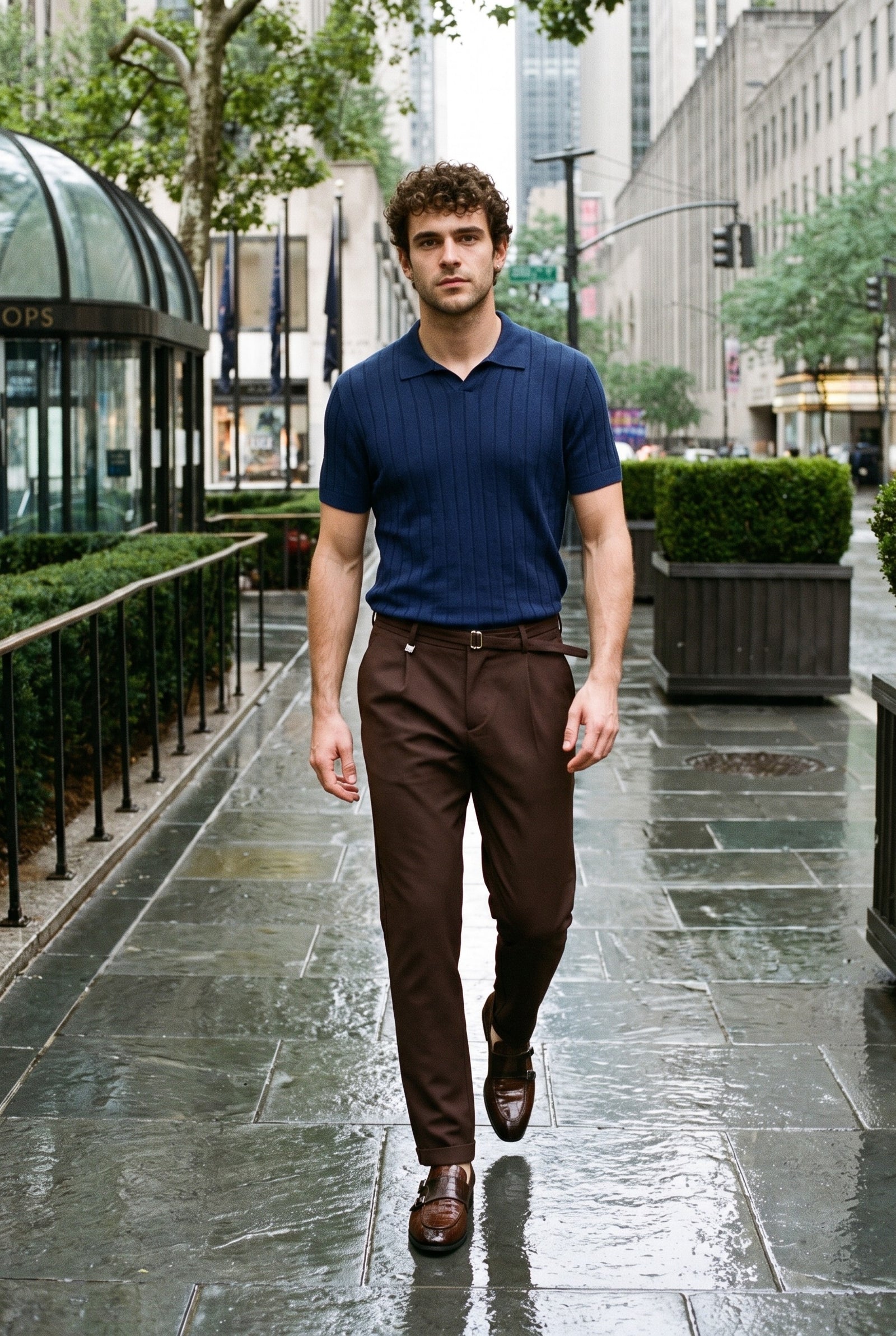 Look #907 styled with Muška mornarsko plava rebrasta pletena polo majica