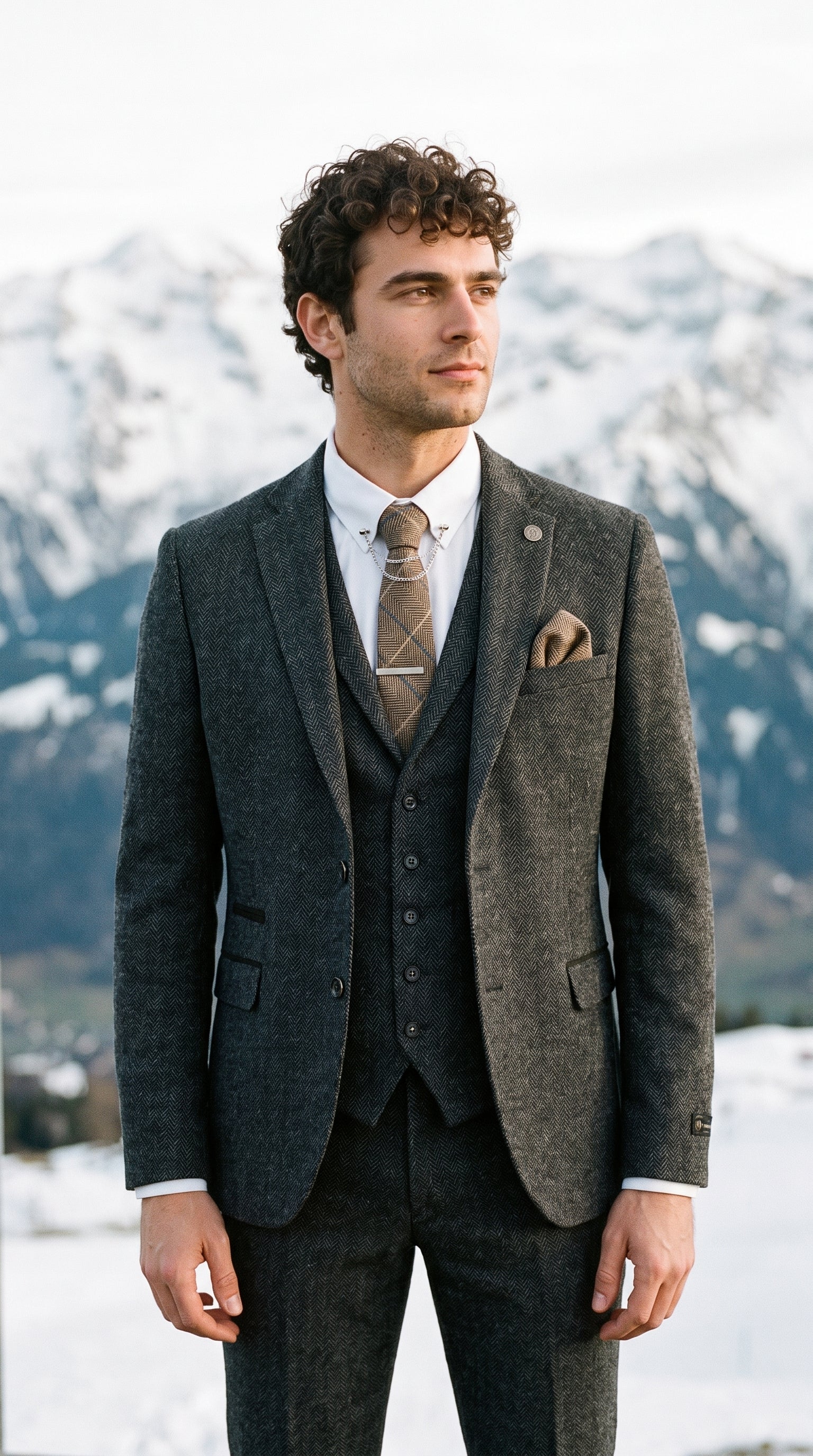 Look #637 styled with Muško tamnosivo odijelo od tvida s uzorkom riblje kosti od 3 dijela - STZ11