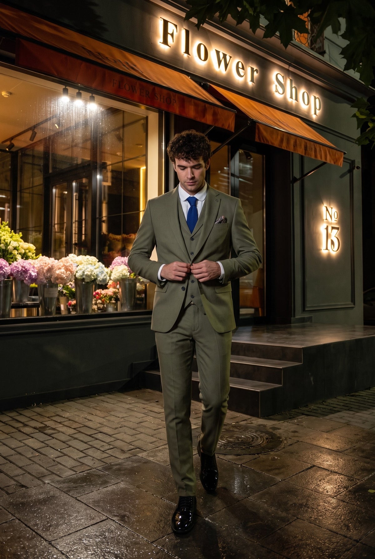 Look #158 styled with TP-22 Muško trodijelno ljetno vjenčano odijelo boje kadulje