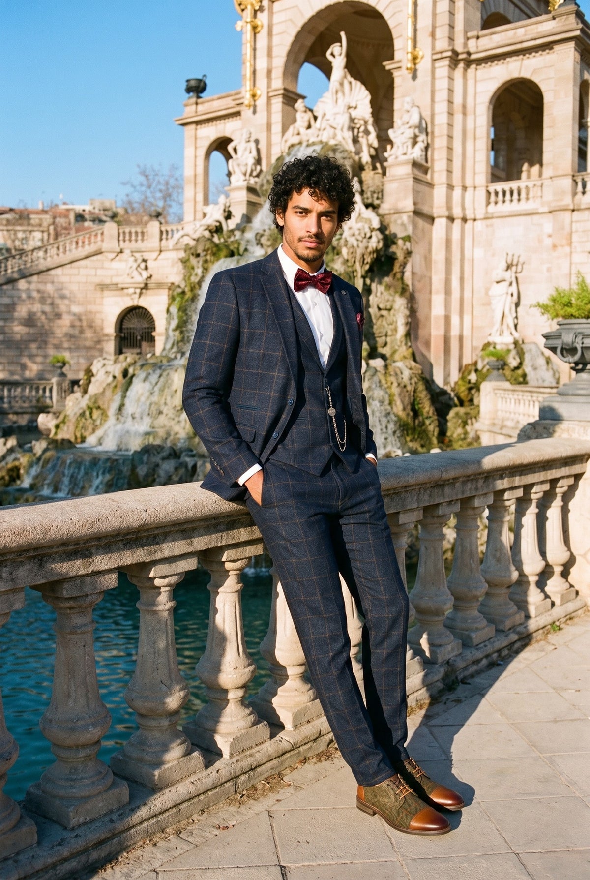 Look #728 styled with Muško odijelo od 3 dijela, vuneni tvid, tamnoplavo-smeđe karirane boje, Gatsby iz 1920-ih