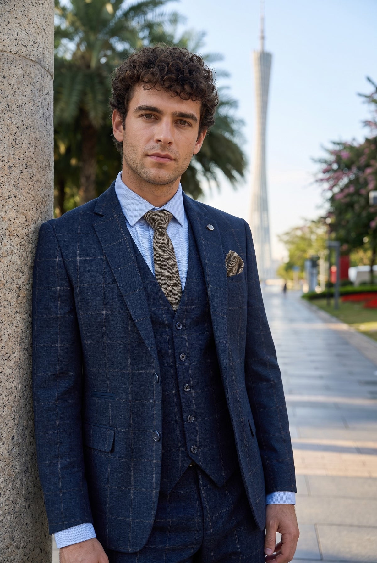 Look #729 styled with Muško odijelo od 3 dijela, vuneni tvid, tamnoplavo-smeđe karirane boje, Gatsby iz 1920-ih