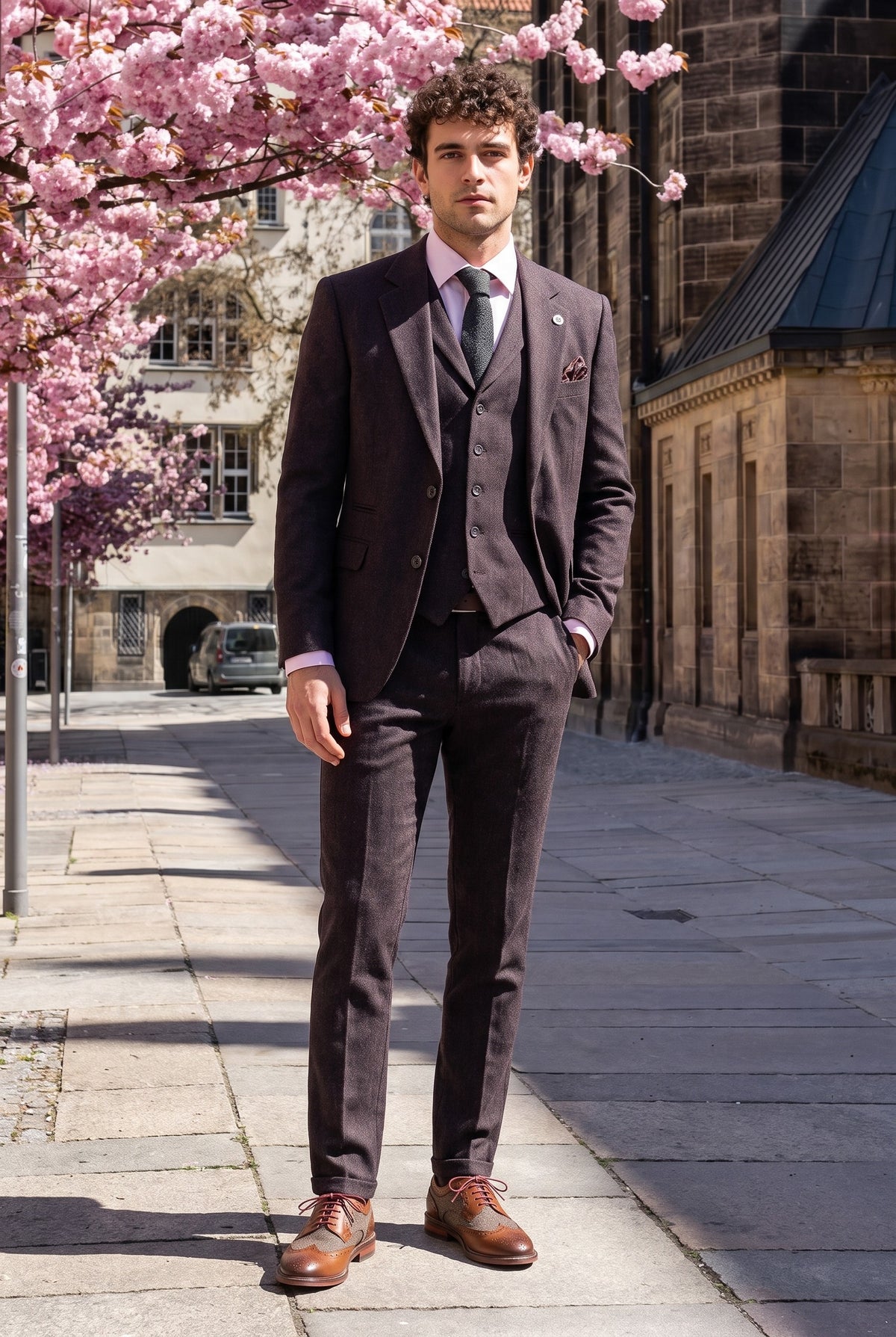 Look #992 styled with Muško trodijelno odijelo od tvida s uzorkom riblje kosti i šljiva