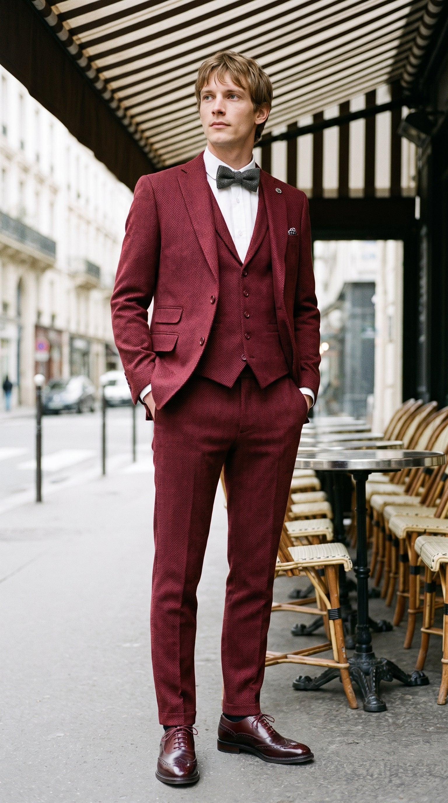 Look #144 styled with Muško odijelo od tvida s uzorkom riblje kosti, boje vinove loze i 3 dijela - STZ11