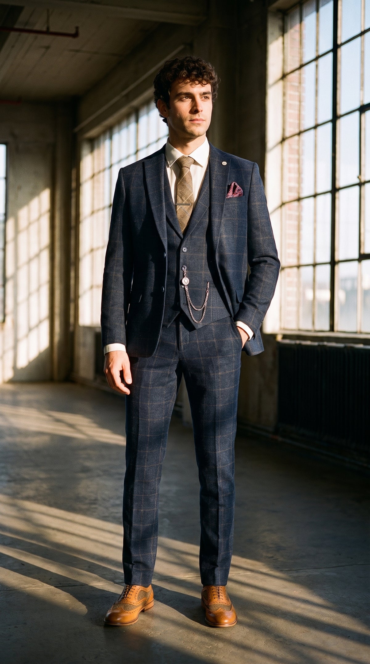 Look #725 styled with Muško odijelo od 3 dijela, vuneni tvid, tamnoplavo-smeđe karirane boje, Gatsby iz 1920-ih