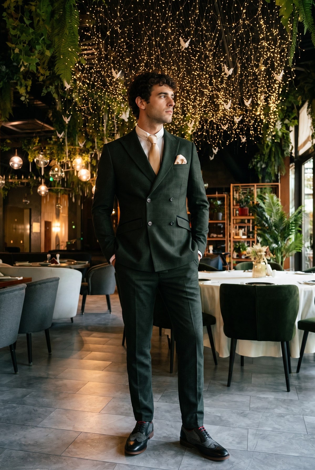 Look #784 styled with Caridi - Muško dvodijelno maslinasto zeleno odijelo s dvostrukim kopčanjem