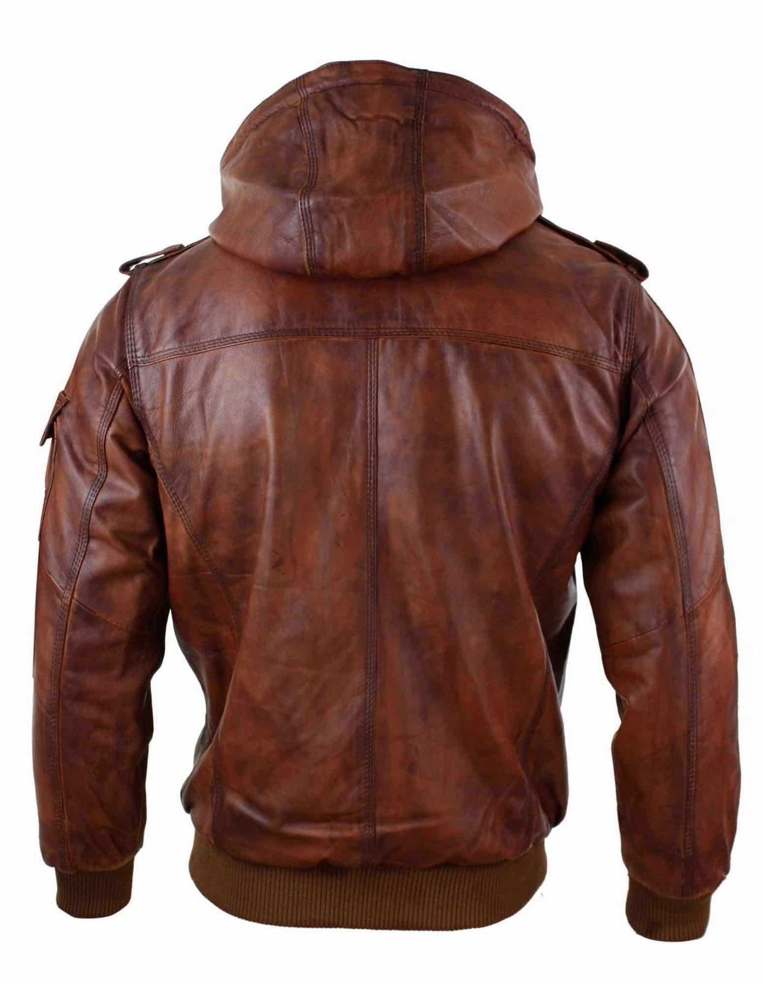 Muška bomber jakna s kapuljačom od prave kože, smeđa, prošivena u vintage stilu