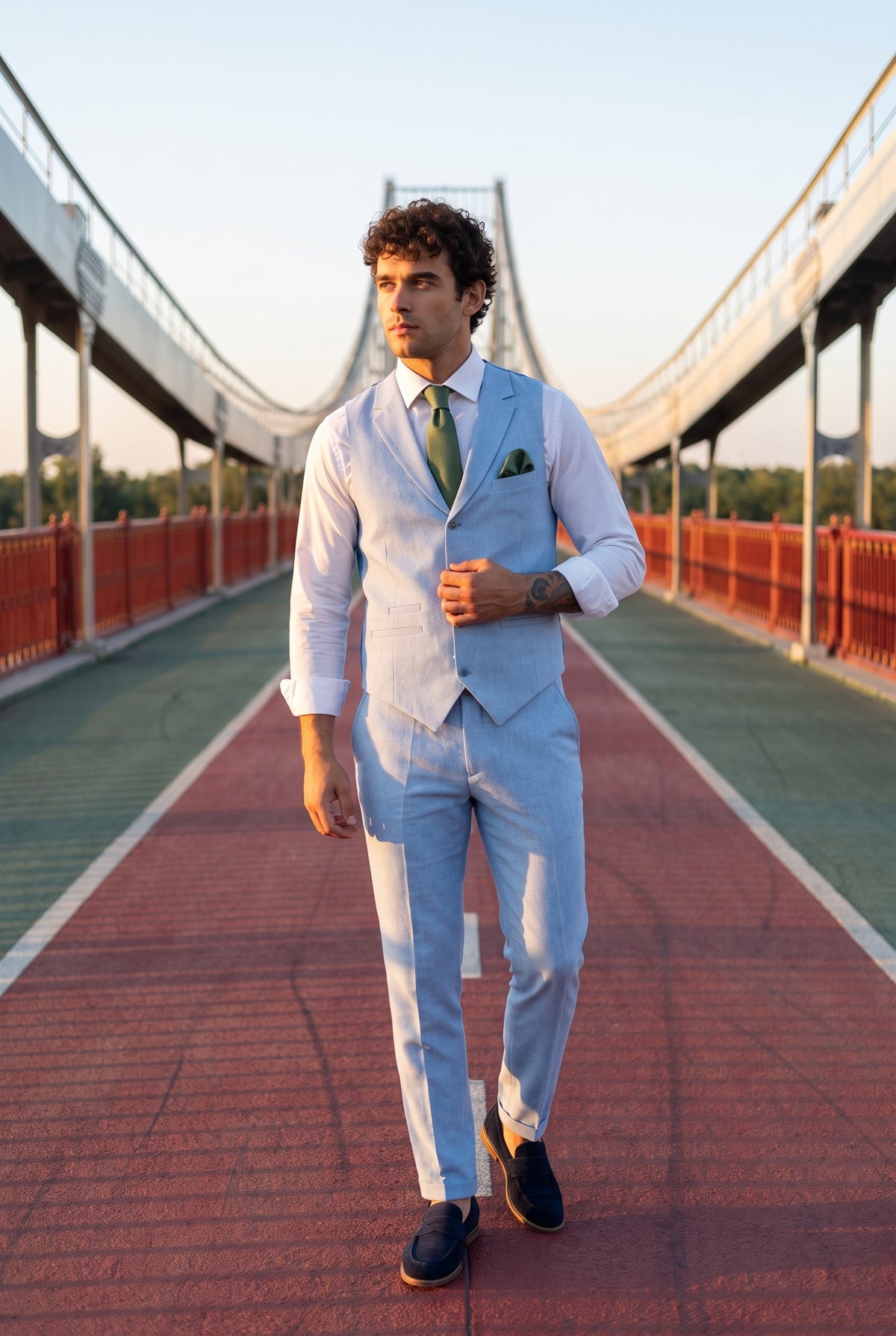 Look #886 styled with TP-13 - Muško ljetno odijelo, prsluk, hlače, lan, svečano, svijetloplavo, vjenčanje