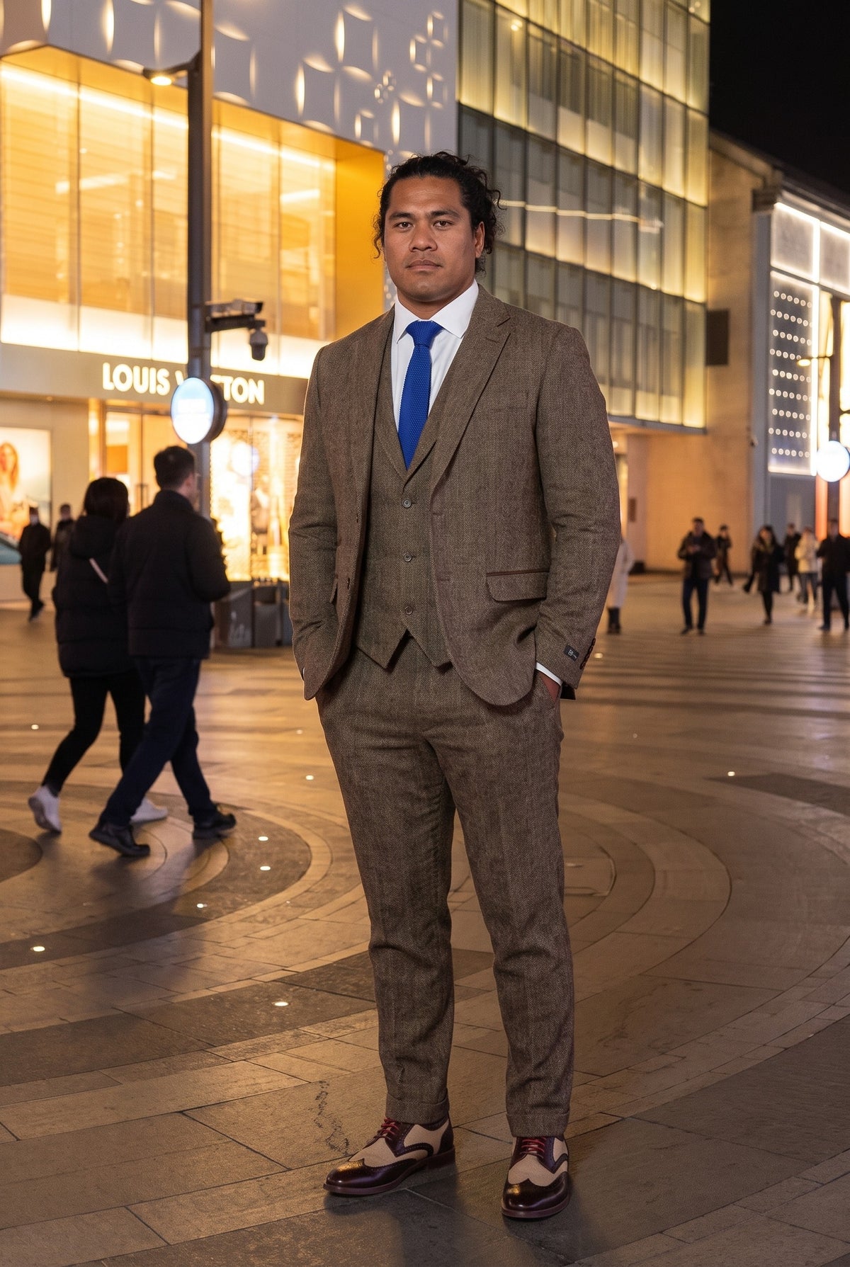 Look #966 styled with Trodijelno odijelo od tvida s uzorkom riblje kosti i hrastovo smeđe boje