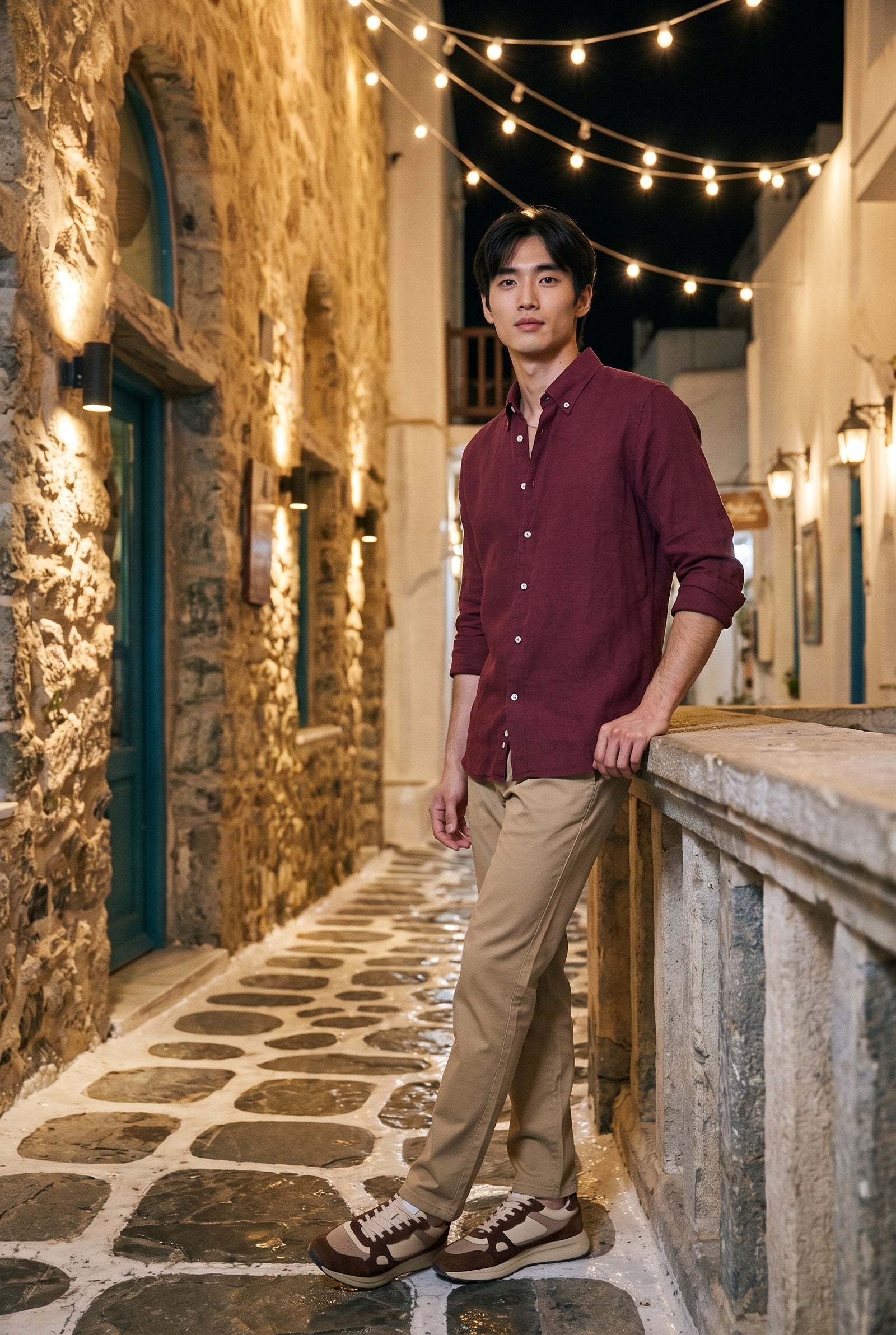 Look #1031 styled with Muške kaki chino hlače od mješavine lana, tencel pamuk, ljetni materijal