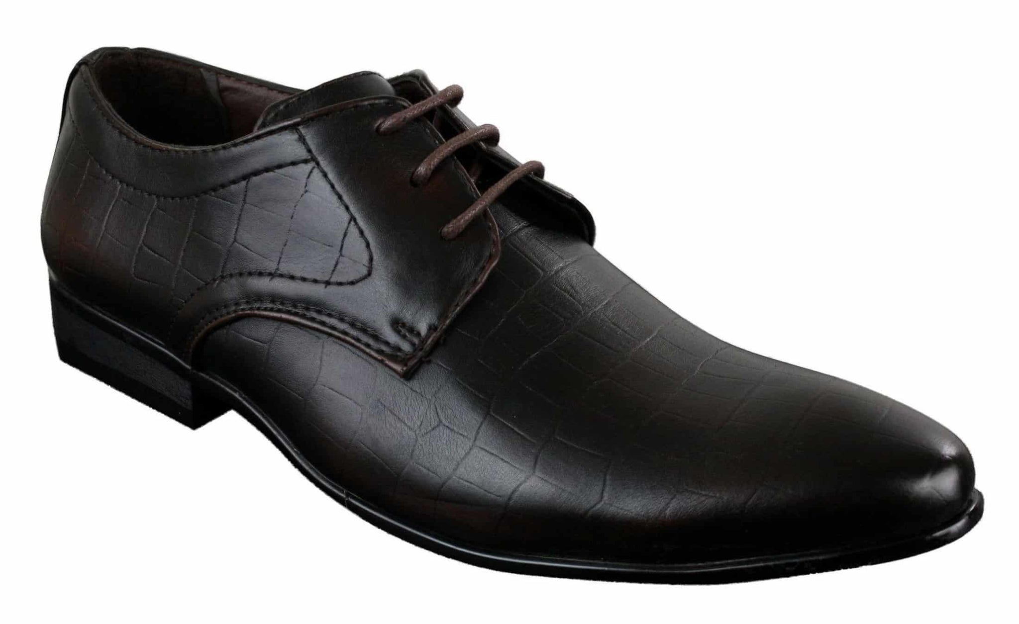 Muške crno-smeđe cipele od umjetne kože s krokodilskom zmijom i vezicama, elegantne, formalne i špicaste