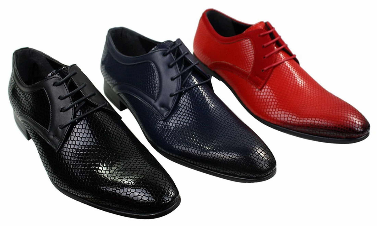 Muške elegantne formalne cipele s vezicama, tamnoplavo crvene i crne, lakirane, od krokodilske zmijske kože, sjajne