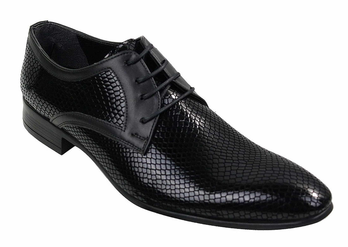 Muške elegantne formalne cipele s vezicama, tamnoplavo crvene i crne, lakirane, od krokodilske zmijske kože, sjajne