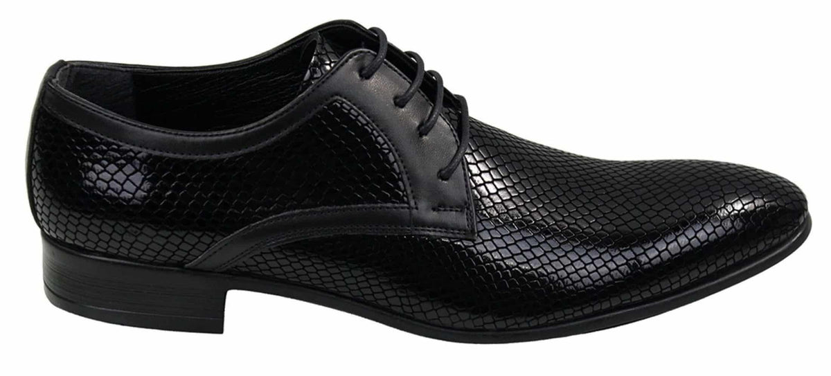 Muške elegantne formalne cipele s vezicama, tamnoplavo crvene i crne, lakirane, od krokodilske zmijske kože, sjajne