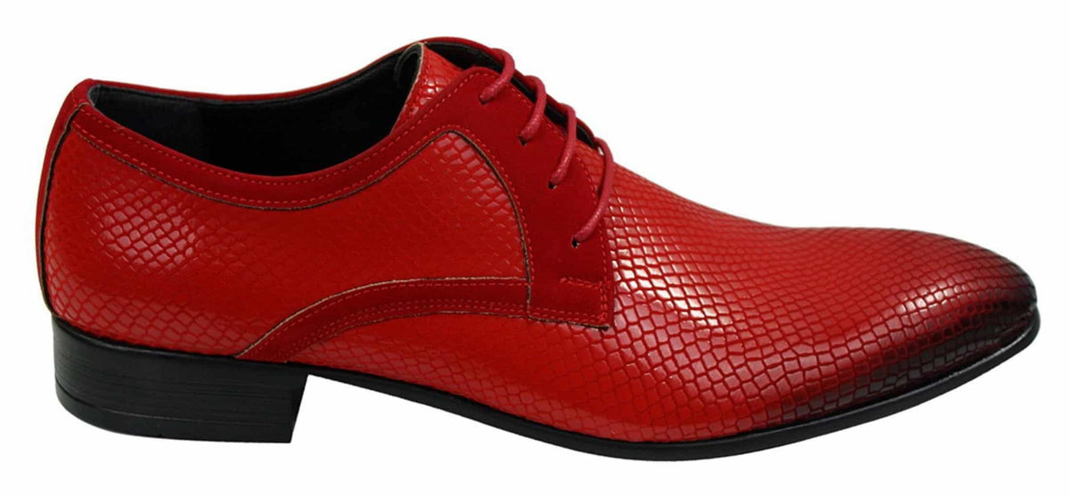 Muške elegantne formalne cipele s vezicama, tamnoplavo crvene i crne, lakirane, od krokodilske zmijske kože, sjajne