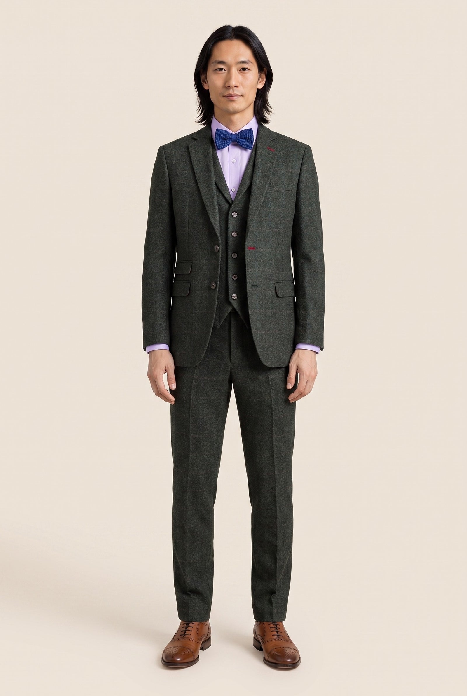 Look #1003 styled with Muško trodijelno odijelo uskog kroja od zelenog tvida Joshua