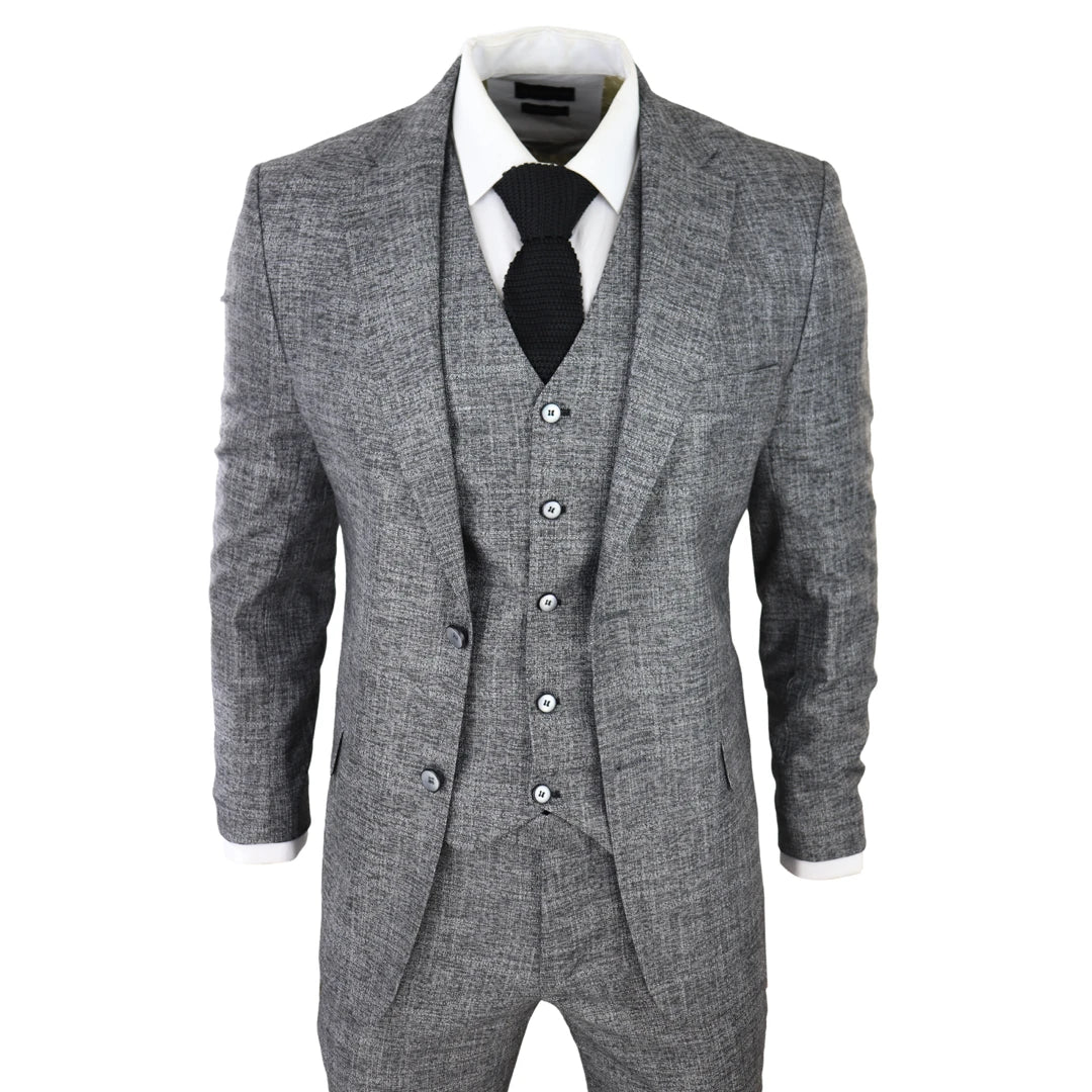 Muško odijelo od 3 dijela, sivo crno, teksturirano, krojeno, za vjenčanje, maturalnu večer, zabavu, elegantno, formalno