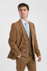 Muško odijelo od 3 dijela, vuneni tvid, riblja kost, smeđe-plavi karirani uzorci, Gatsby iz 1920-ih