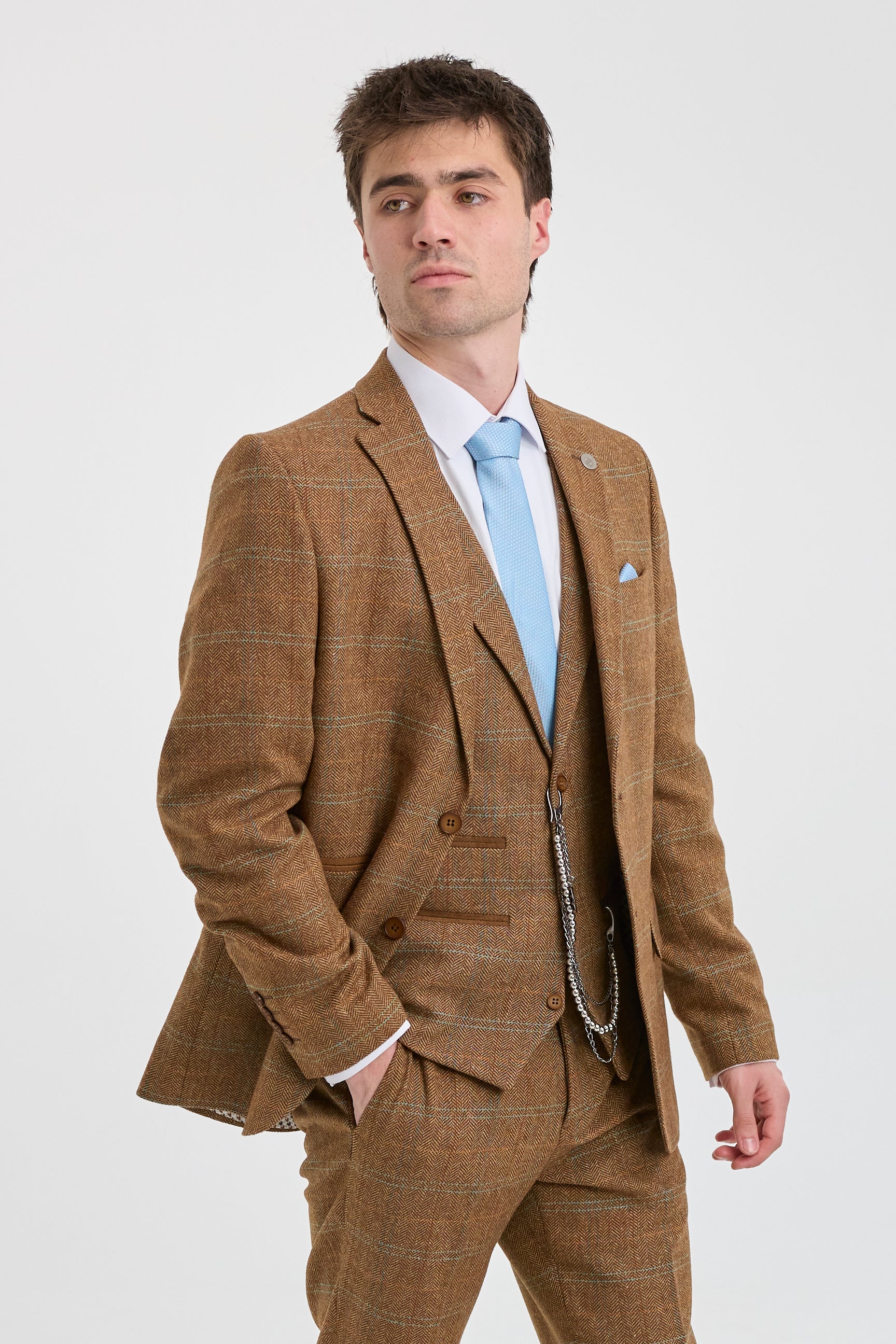 Muško odijelo od 3 dijela, vuneni tvid, riblja kost, smeđe-plavi karirani uzorci, Gatsby iz 1920-ih