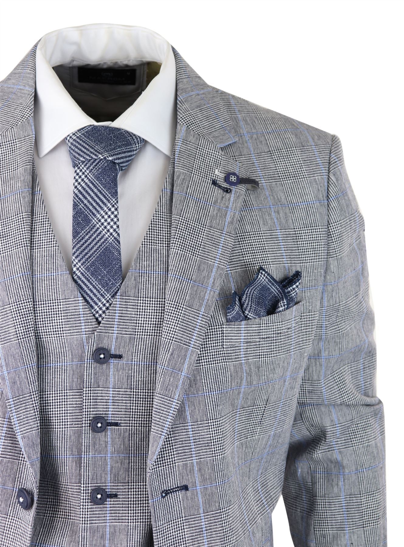 Muško ljetno odijelo od 3 dijela, sivo karirano, plavo crno, krojeno, klasično, za vjenčanje i svečano vjenčanje