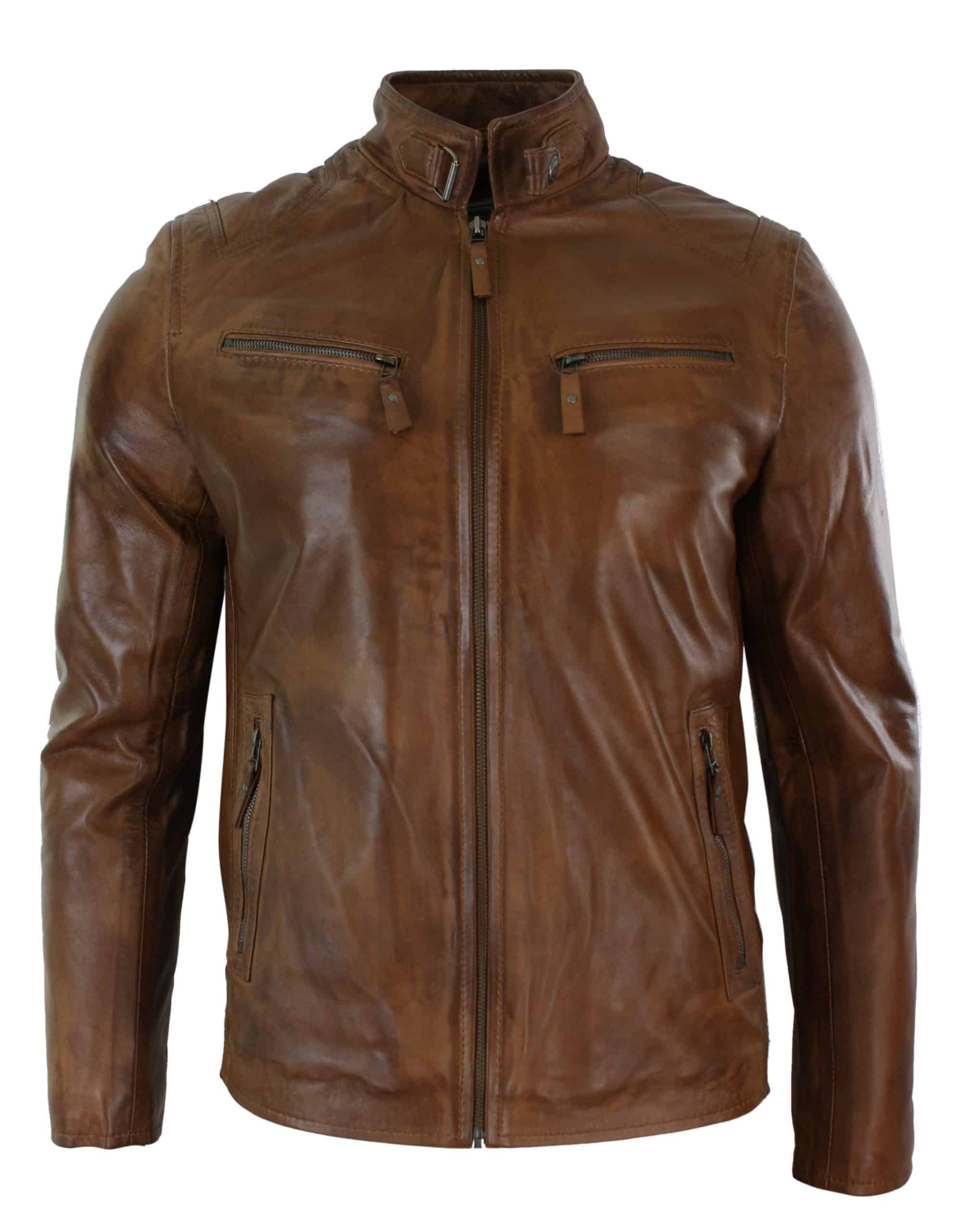 Jakna od prave kože, bajkerski stil, vintage, crna, s džepovima i patentnim zatvaračem, ležernog kroja za muškarce - smeđa