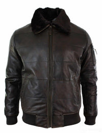 Muška prošivena bomber jakna od prave kože s pilotskim krznenim ovratnikom, crna, vintage smeđe-smeđa