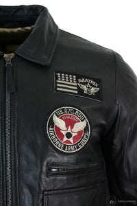 Muška pilotska jakna od prave kože s crnom bomber značkom, crna