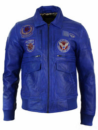Muška pilotska jakna od prave kože s crnom bomber značkom, plava