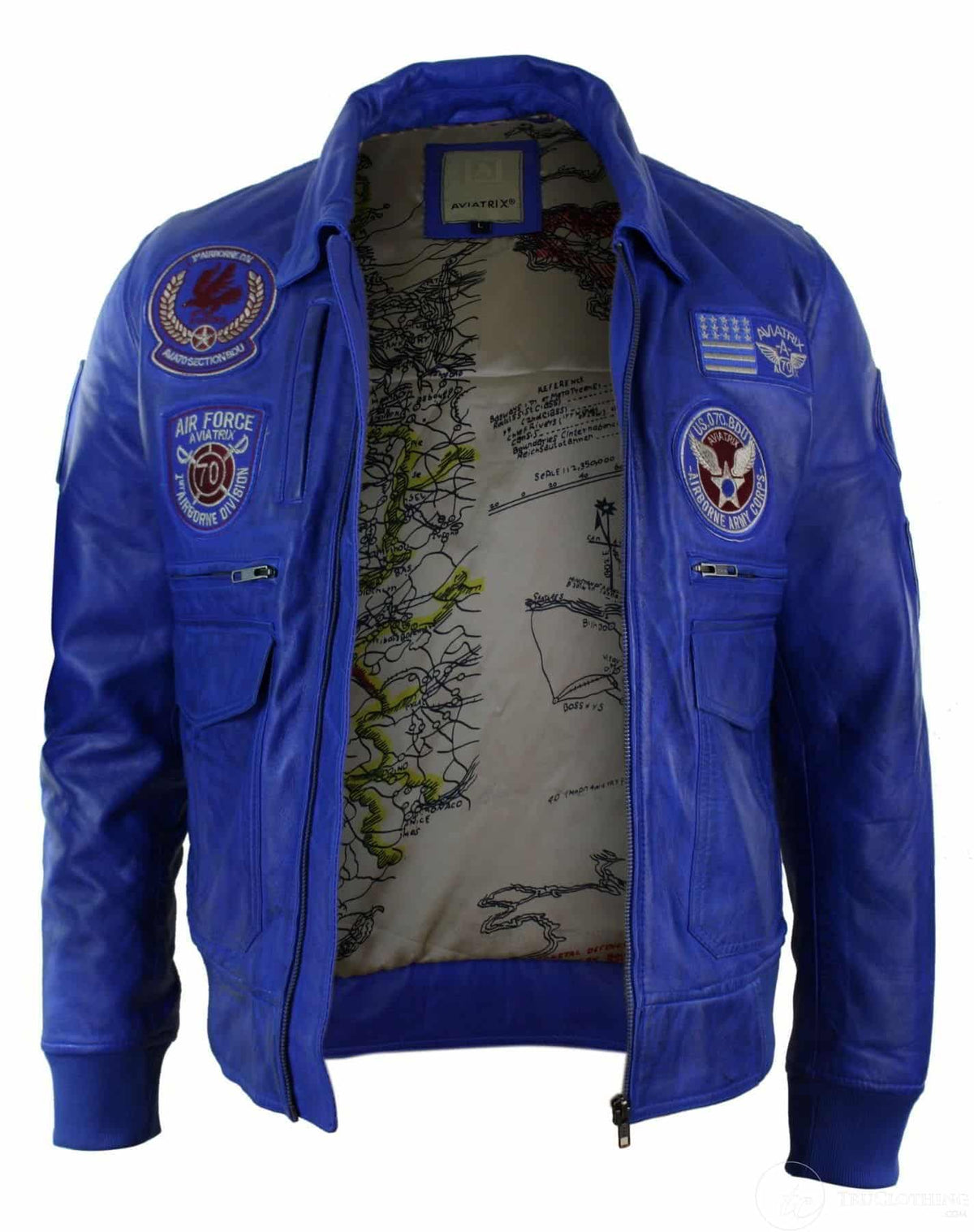 Muška pilotska jakna od prave kože s crnom bomber značkom, plava