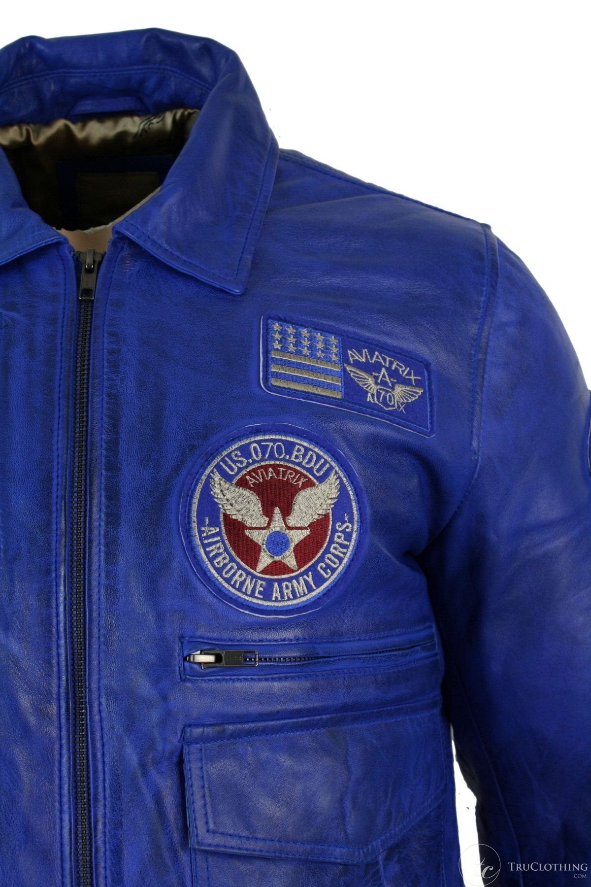 Muška pilotska jakna od prave kože s crnom bomber značkom, plava