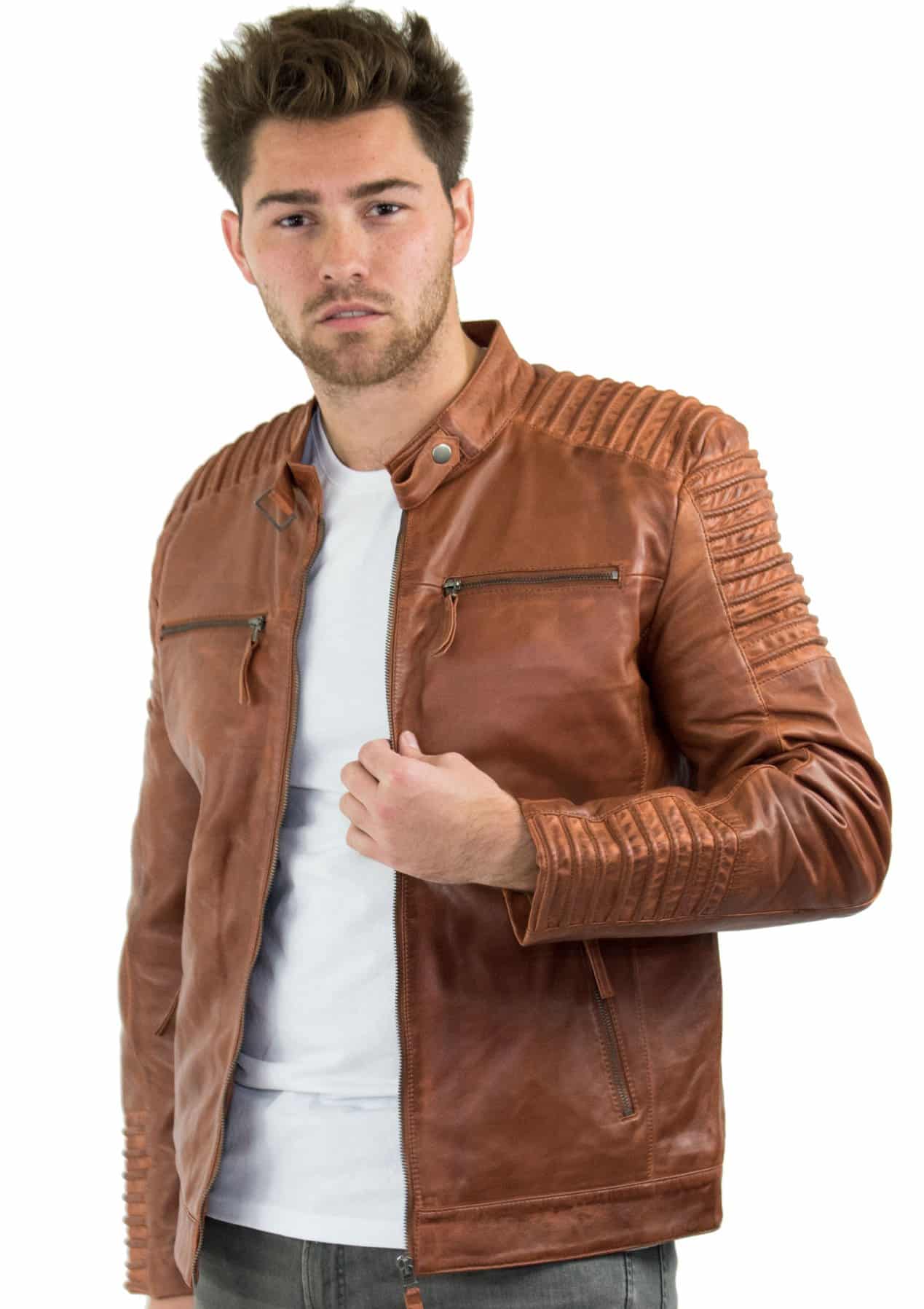 Prava kožna uska kroja, smeđa, isprana vintage muška jakna s patentnim zatvaračem, ležerna