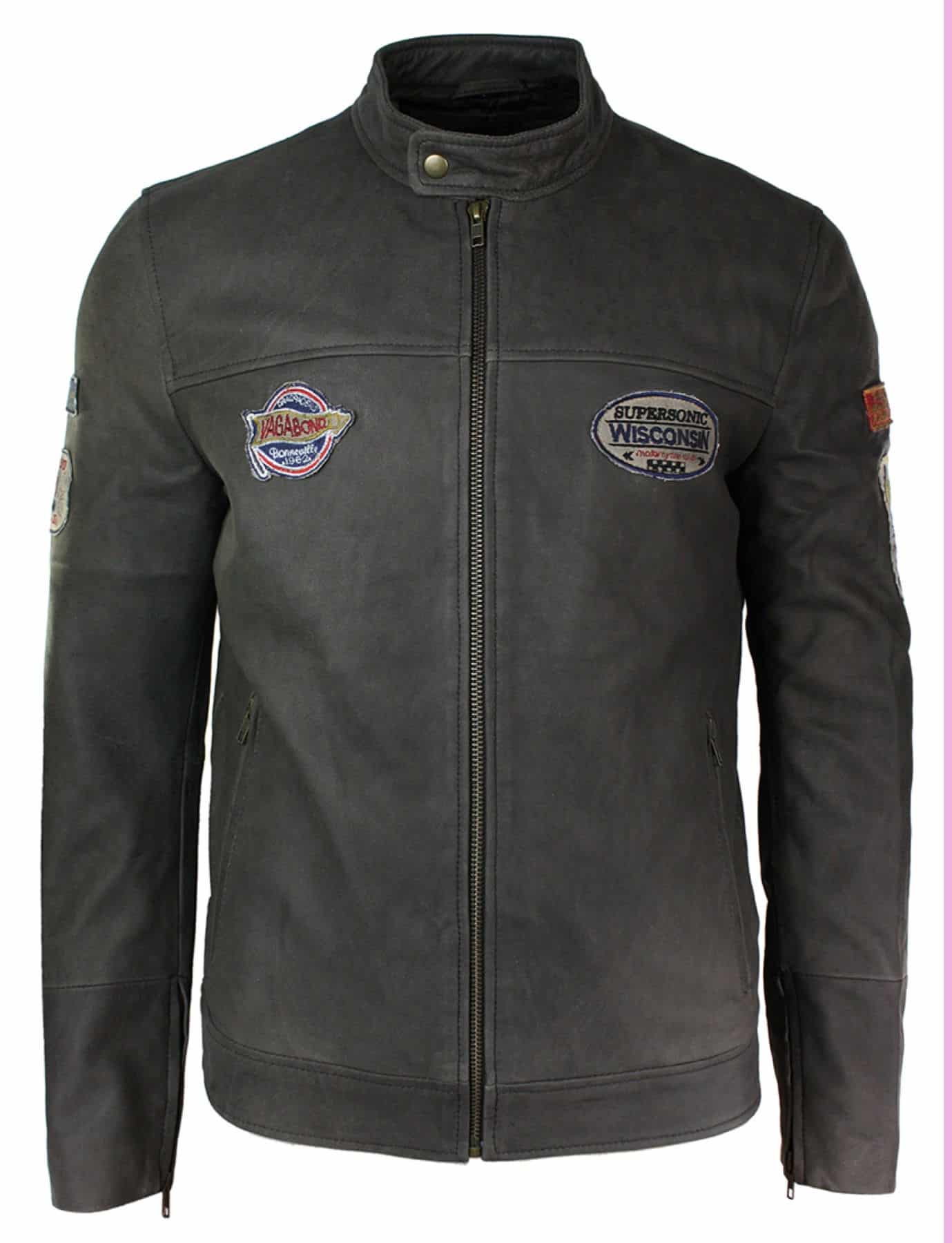 Muška bajkerska jakna od prave kože, vintage smeđa, s racer značkom, isprana, uskog kroja
