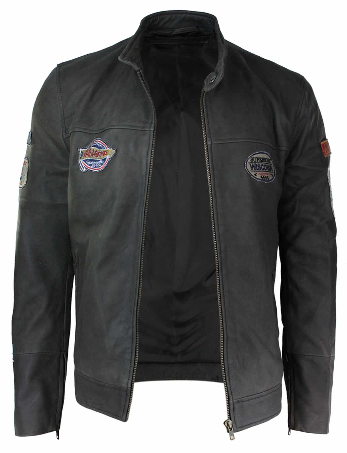 Muška bajkerska jakna od prave kože, vintage smeđa, s racer značkom, isprana, uskog kroja