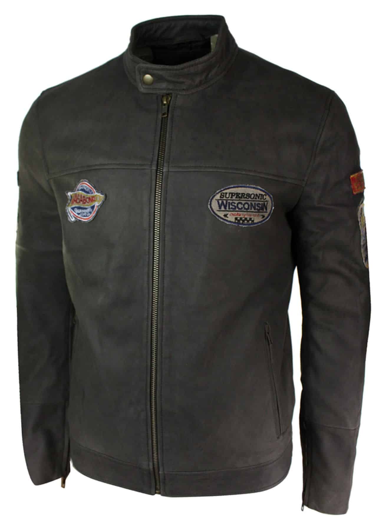 Muška bajkerska jakna od prave kože, vintage smeđa, s racer značkom, isprana, uskog kroja