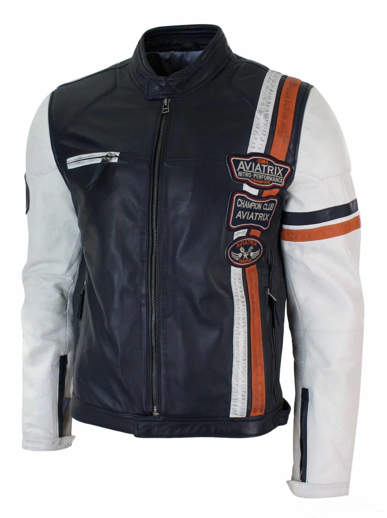 Prava kožna retro vintage tamnoplava bijela muška bajkerska jakna s dizajnom značke, ležerna