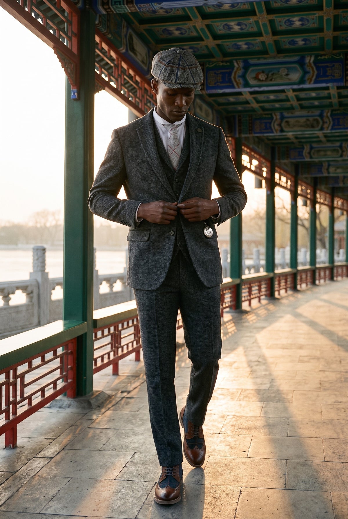 Look #881 styled with Muško tamnosivo odijelo od tvida s uzorkom riblje kosti od 3 dijela - STZ11