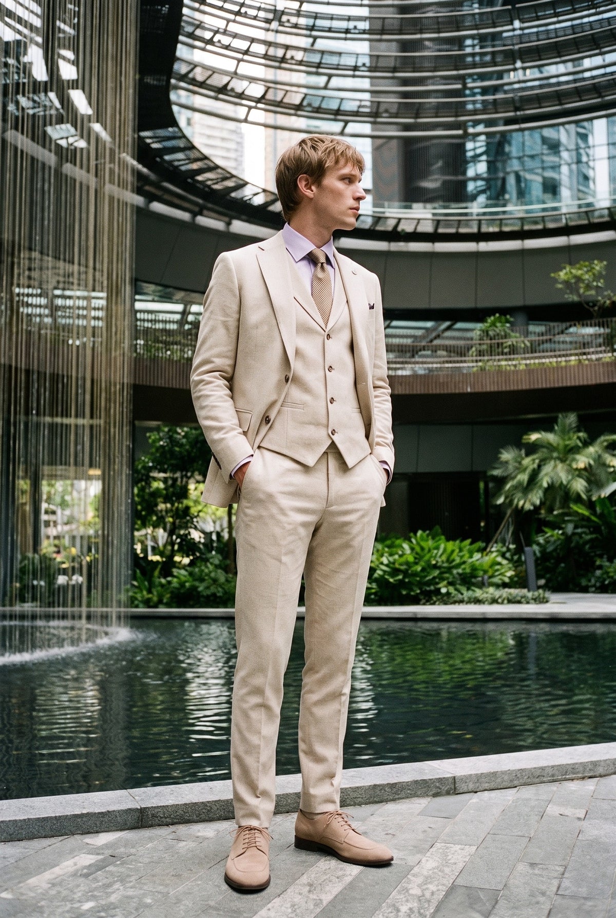Look #948 styled with TP-21 Muško bež trodijelno laneno ljetno vjenčano odijelo