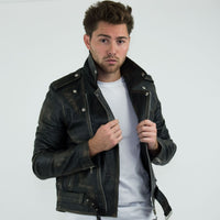 Prava koža Brando - Muška jakna od prave kože s križnim zatvaračem Brando - crna - zlatna