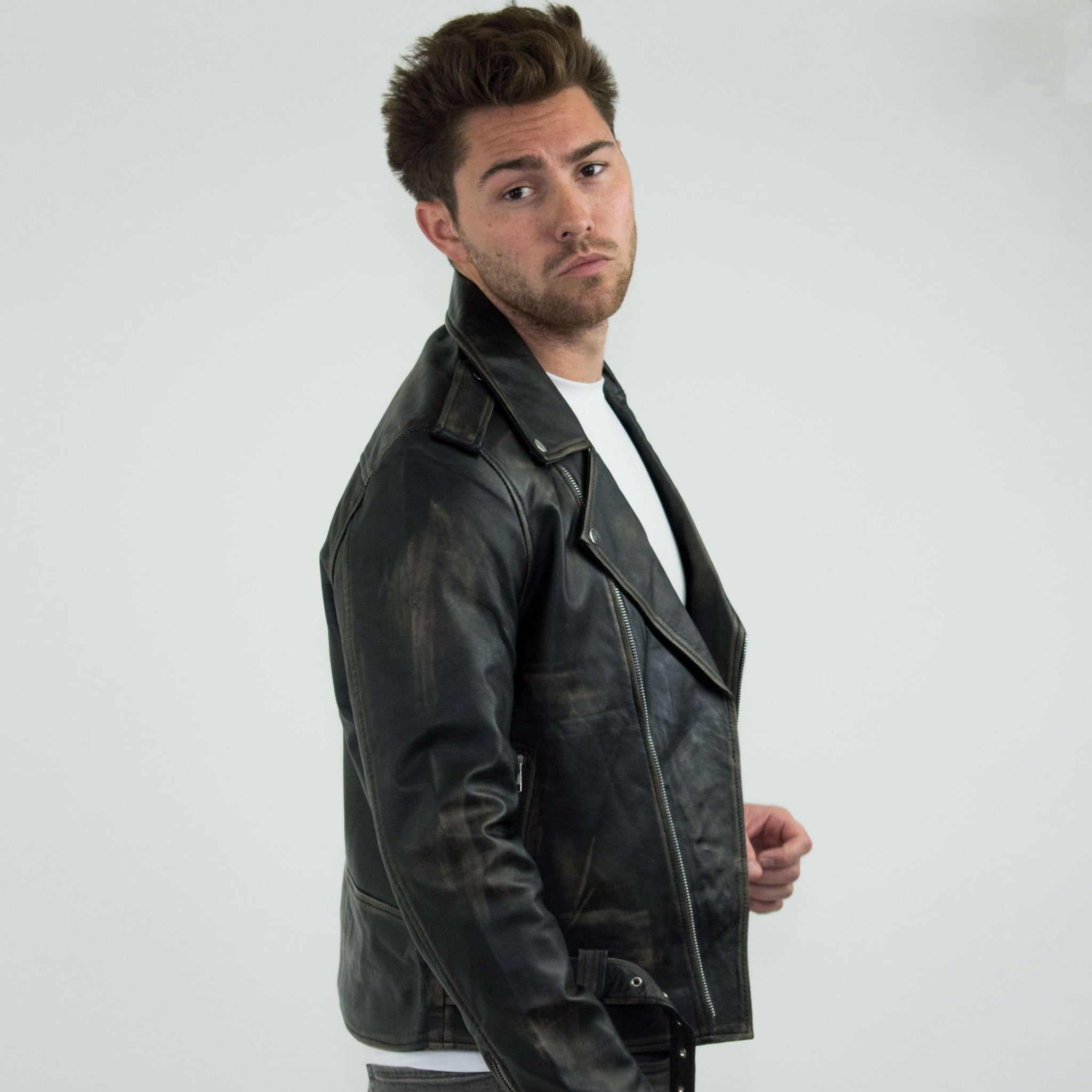 Prava koža Brando - Muška jakna od prave kože s križnim zatvaračem Brando - crna - zlatna