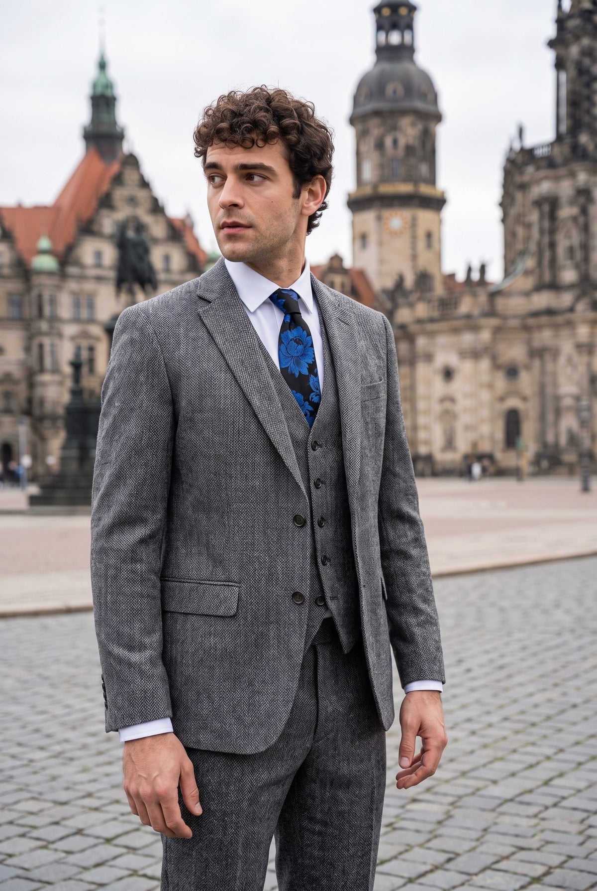 Look #974 styled with IM41 - Sivo odijelo od tvida s uzorkom riblje kosti od 3 dijela za muškarce